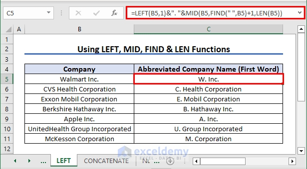Using LEFT ,MID, FIND, LEN Functions for Abbreviation