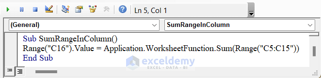 VBA Code to Sum Up Range of Cells in a Column