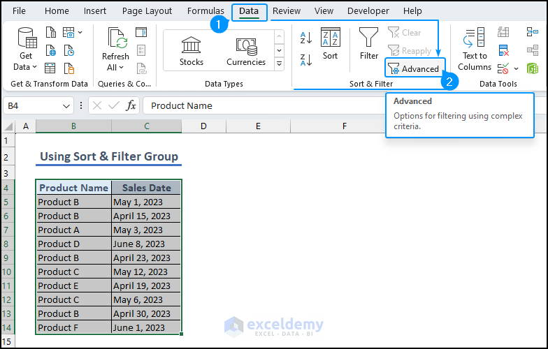 how to navigate the advanced filter option