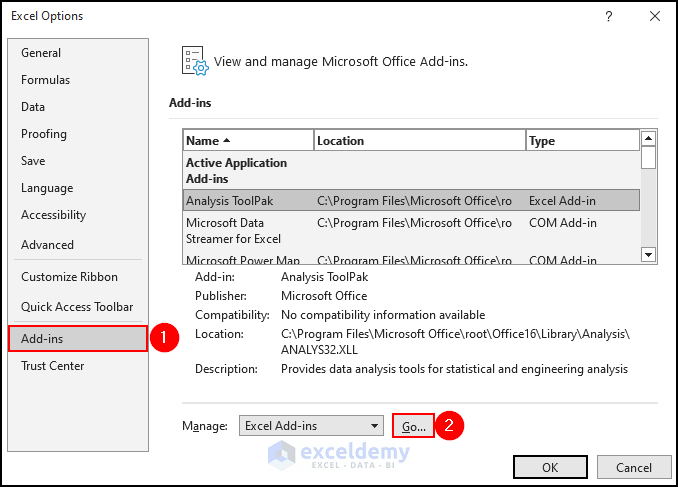 2- opening Excel Options dialogue box to add data analysis toolpak