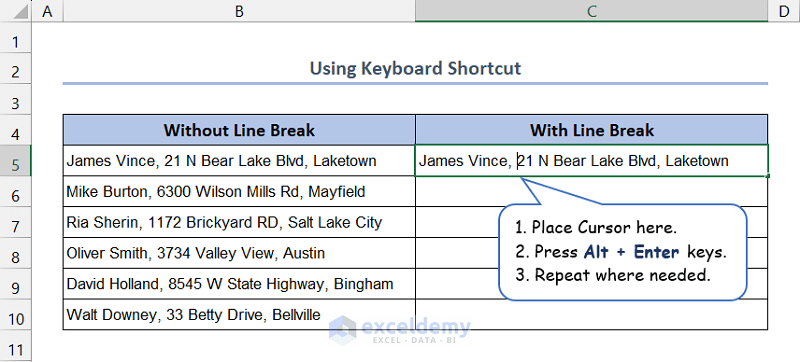 Applying keyboard shortcut for adding line break