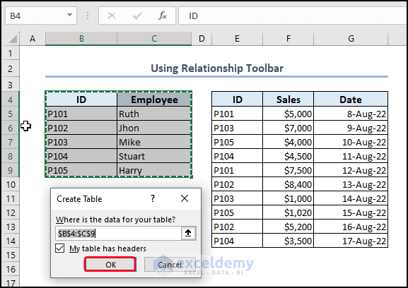 Click OK in Create Table dialog box