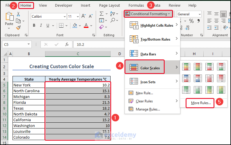 Selecting More Rules for Excel Color Scale