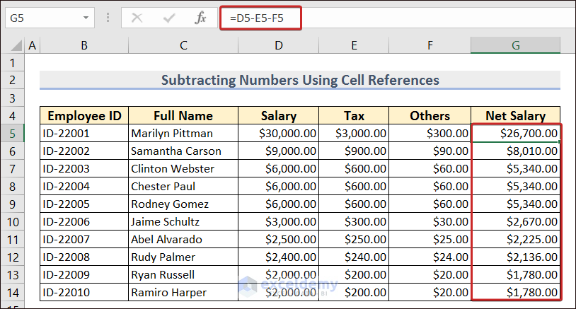 Subtracting Numbers Using Cell References