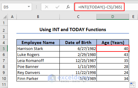 Using INT and TODAY functions to calculate age