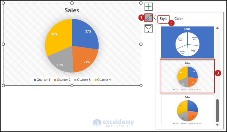 changing pie chart styles using chart elements option