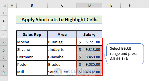 Select intended cells to apply shortcut