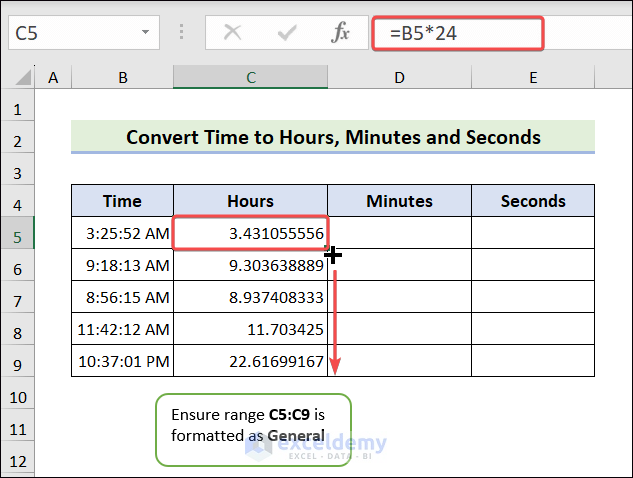 Convert time to hours in excel