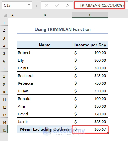 Use TRIMMEAN Function to Calculate Mean Excluding Outliers