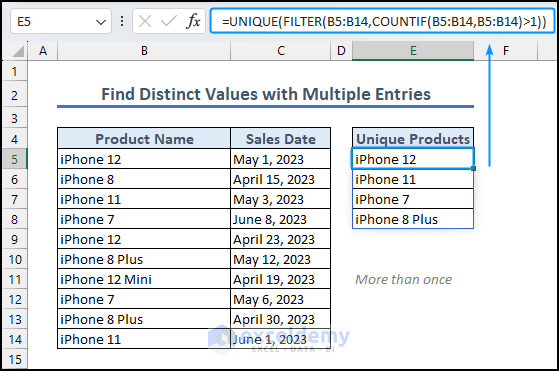 find distinct values with multiple entries