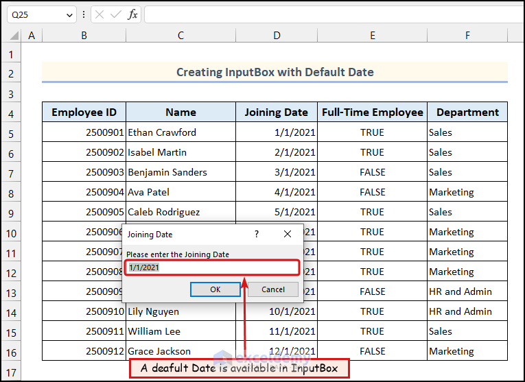 VBA InputBox available with default date value in Excel