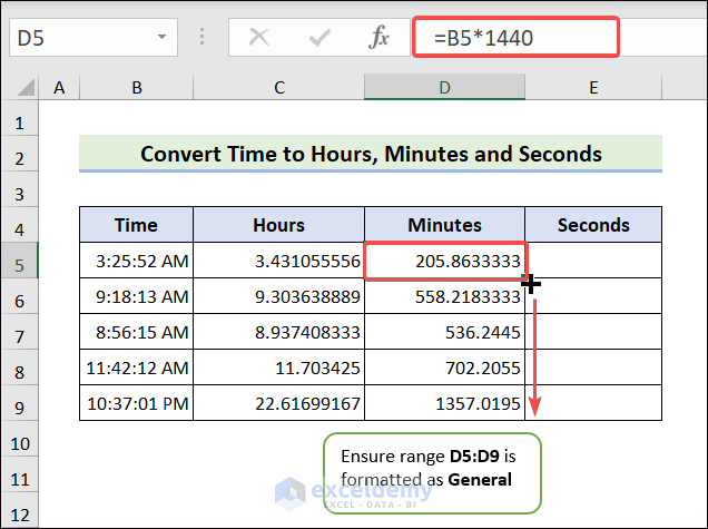 Convert time to minutes in excel