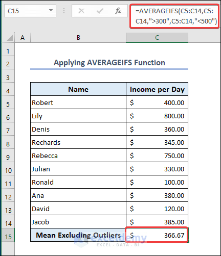 Use AVERAGEIFS Function to Calculate Mean Excluding Outliers