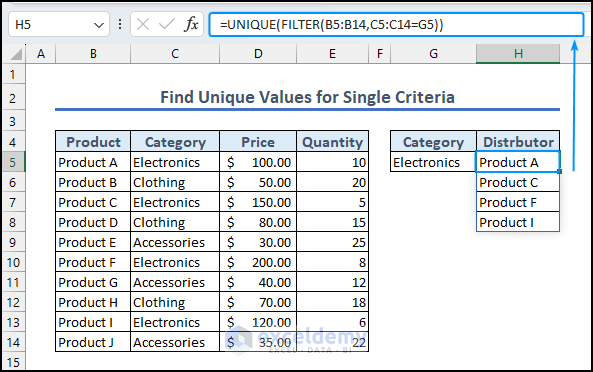 final output of unique values single criteria