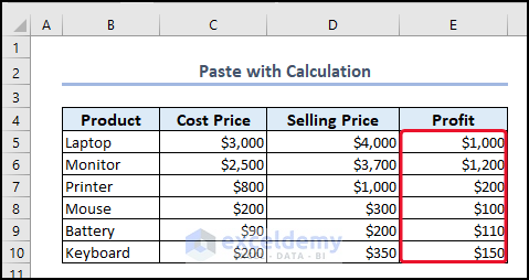 copy and Paste with Calculation in Excel