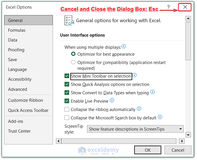 Keyboard Shortcut to Cancel and Close the Dialog Box