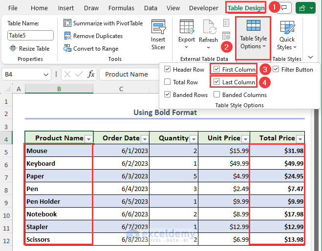 Bolding data from the first and last column using Table Design tab