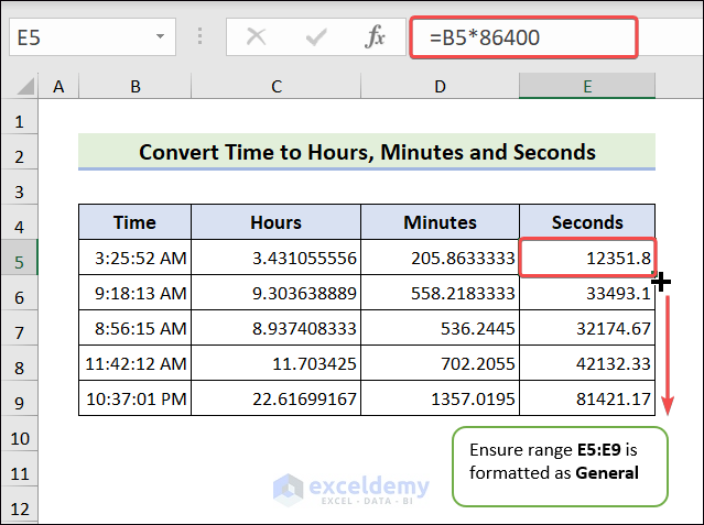 Convert time to seconds in excel