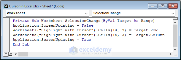 VBA code to highlight with cursor in Excel