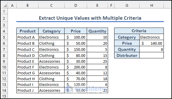 dataset for extract unique values with multiple criteria