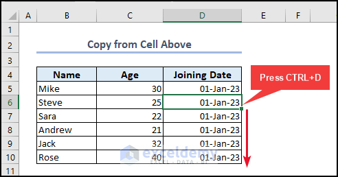 Copying and pasting from Cell Above in Excel