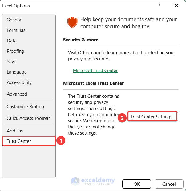 Going to the Trust Center settings to Automatically Update Links in Excel