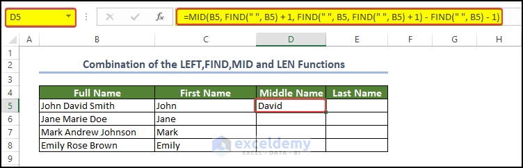 Use of the MID, FIND function to extract the mid section of the name