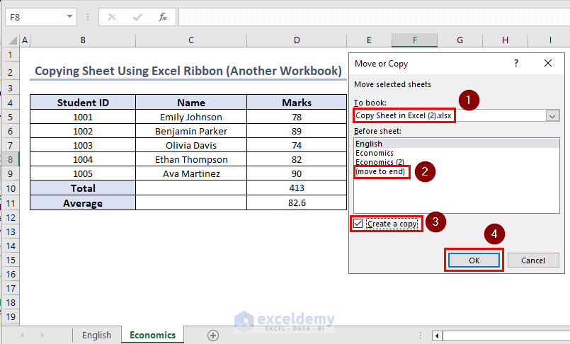 Move or Copy Options for Copying Sheet Using Excel Ribbon (Another Workbook)