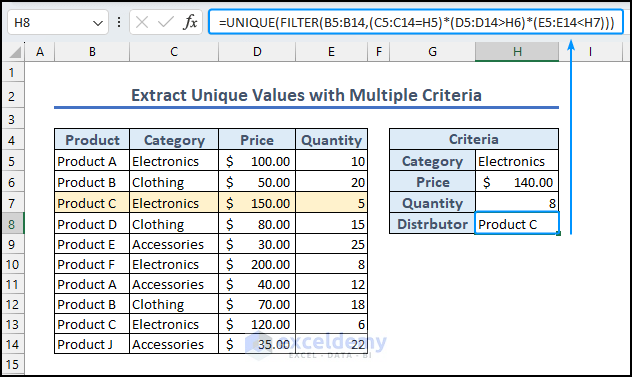 final output from unique values multiple criteria