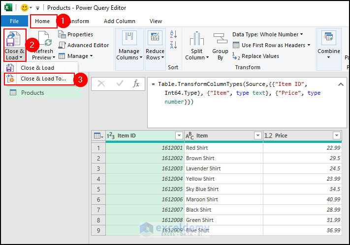 23- selecting Close & Load To option from power query home tab