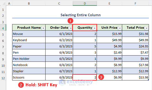 Selecting entire column by holding SHIFT key