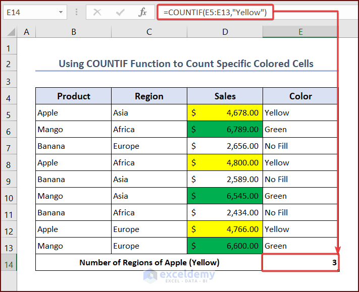 Using COUNTIF Function to Count Cells with Specific Color
