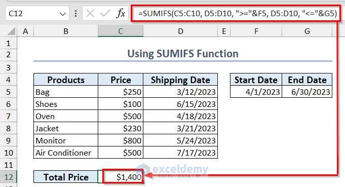 SUMIF Between Two Dates in Excel