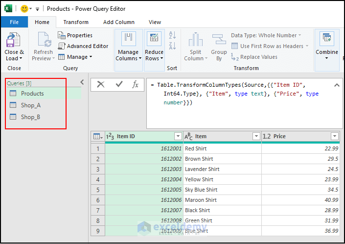 25- importing data from Shop_A and Shop_B tables to Power Query