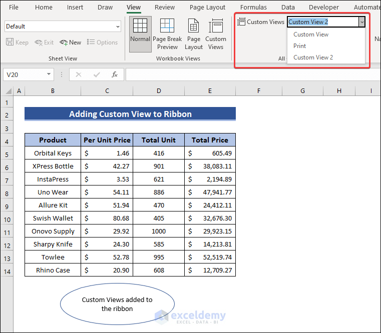 Custom View Added to Ribbon in Excel