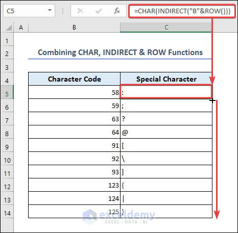 Combine CHAR, INDIRECT & ROW Functions