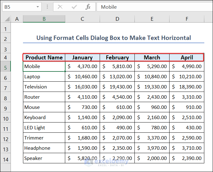 Use Format Cells Dialog Box to Make Text Horizontal