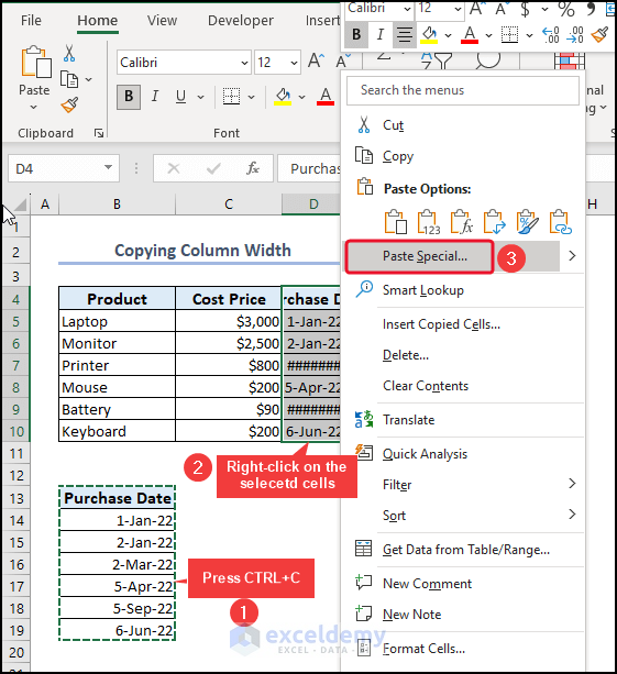 Selecting Paste Special to copy and paste in Excel
