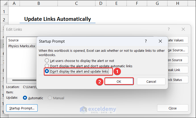 disabling the alert display and automatically update links in target Excel file