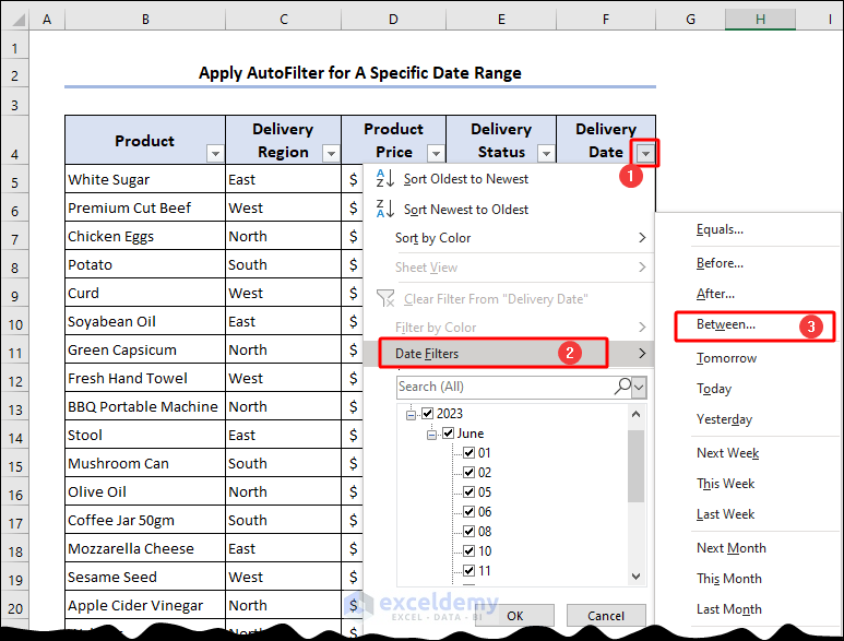 Selecting Date Filters to filter between specific date range