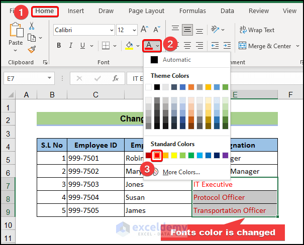 change fonts color in Excel
