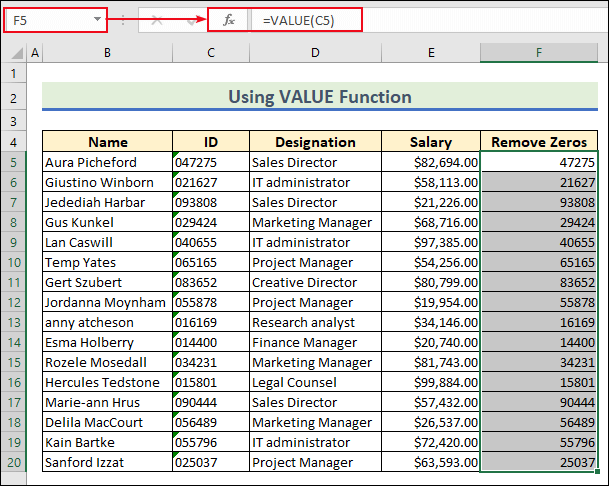 Output of the VALUE function