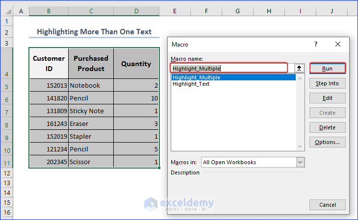 Running the Code to Highlight Multiple Text in Excel