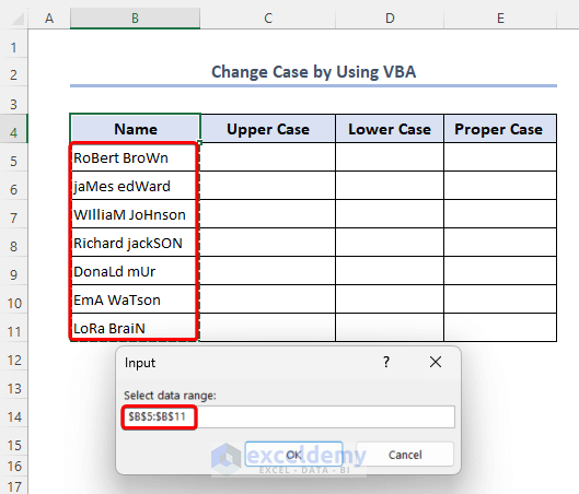 Select a range from the worksheet