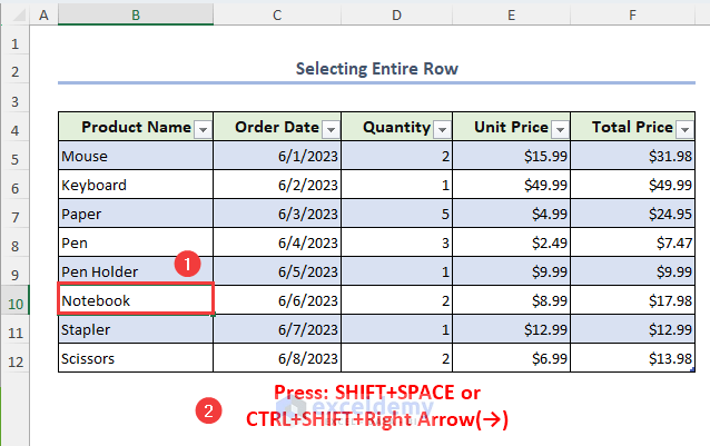 Using keyboard shortcut to select entire row
