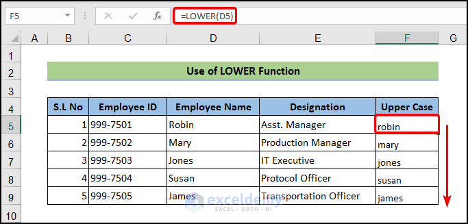 use of lower function to change Excel fonts