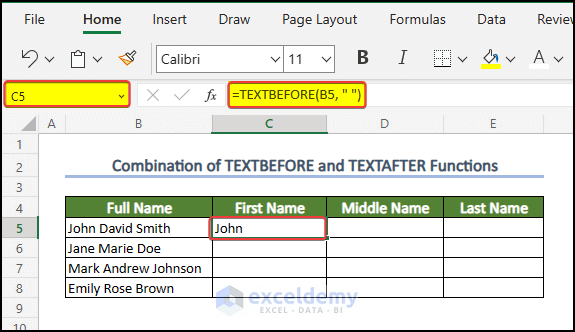 TEXTBEFORE function to extract the leftmost part of the name