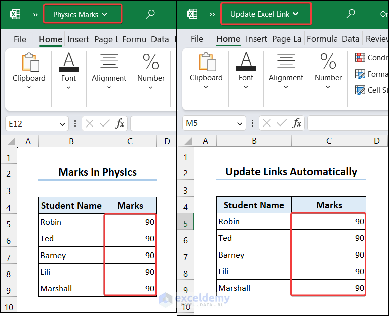 Values updated automatically as we opened the target Excel file