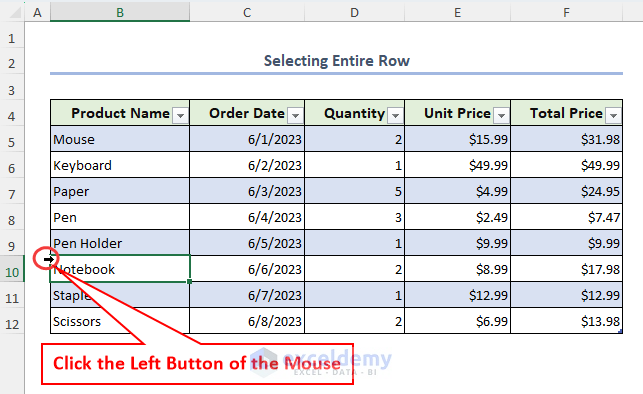 Selecting the entire row by utilizing the directional icon