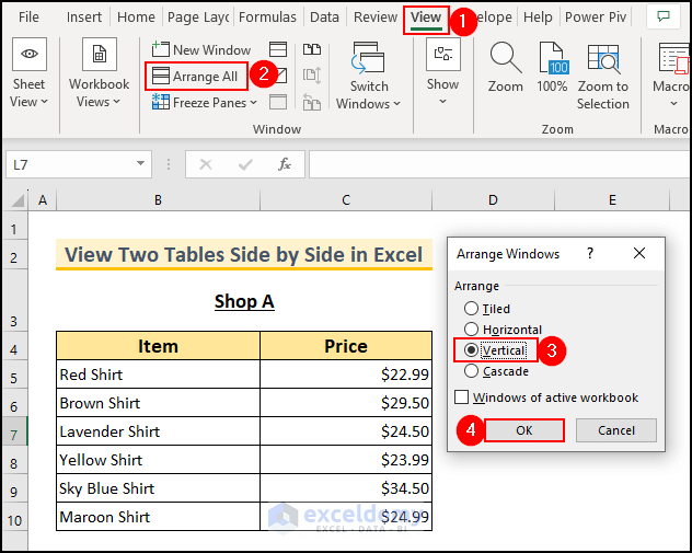 29- using "View Side by Side" mode to compare two tables from two different workbooks